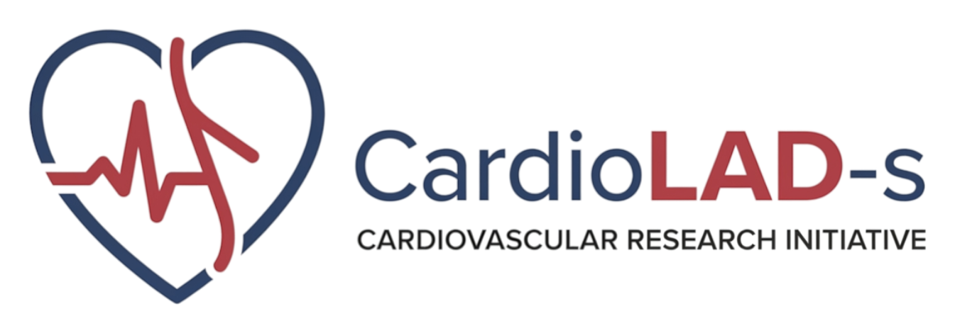 CardioLADs logo: a heart outline in navy containing an ECG trace and a coronary artery in red, with the wordmark CardioLADs, Cardiovascular Research Initiative